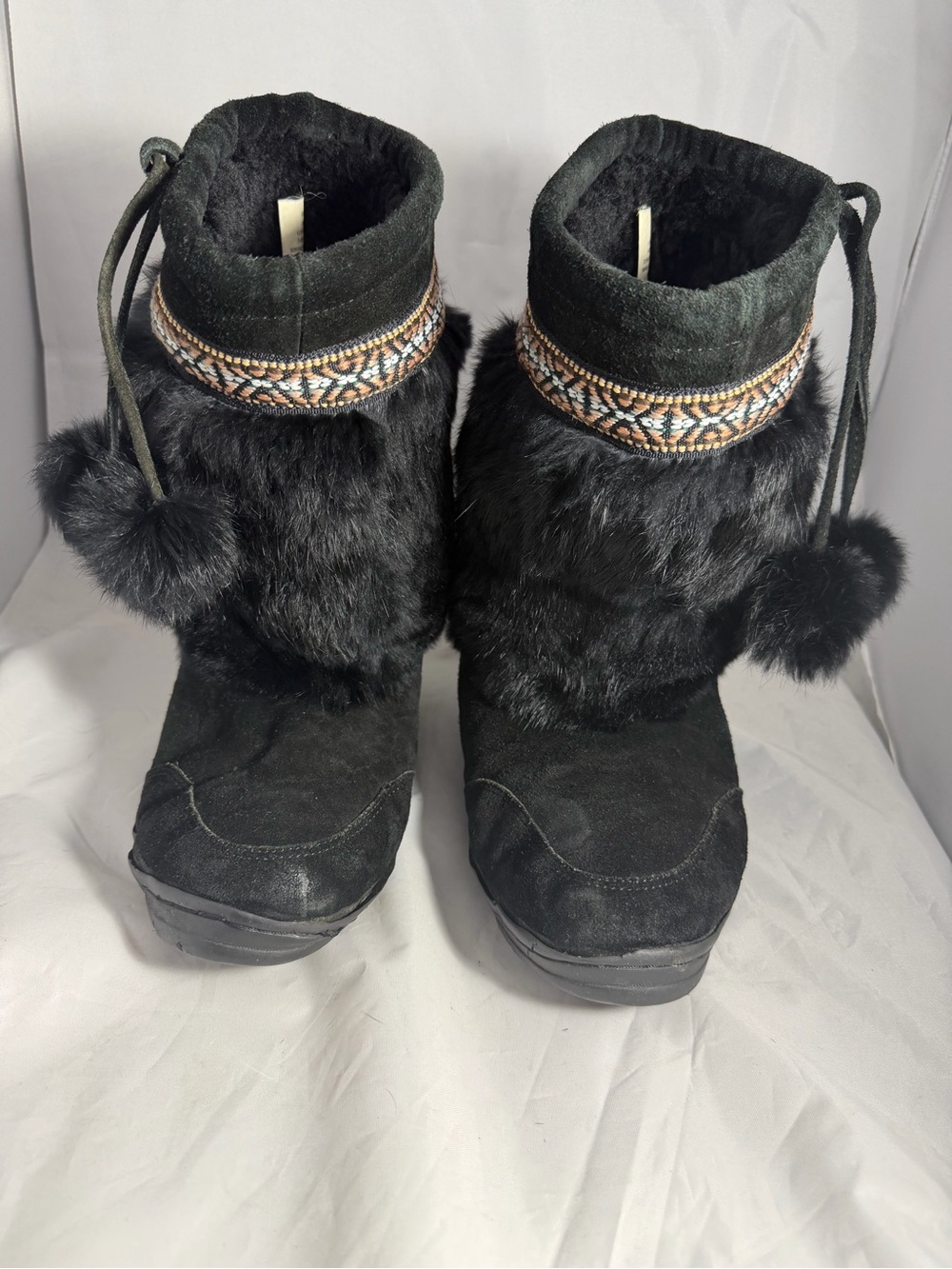 Minnetonka Black Rabbit Fur Pom-Trim Winter Booties with Embroidered Band